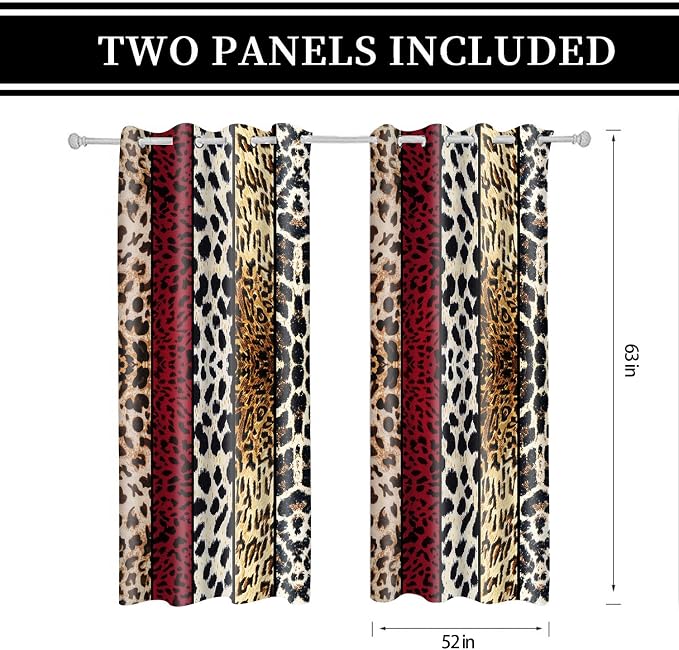 Wild Animal Print Curtain, Room Darkening Thermal Insulated Blackout Leopard Boa Window Drapes with Grommets for Living, Dining, Bedroom, Red Leopard Print, 52"x 63", 2 Panels