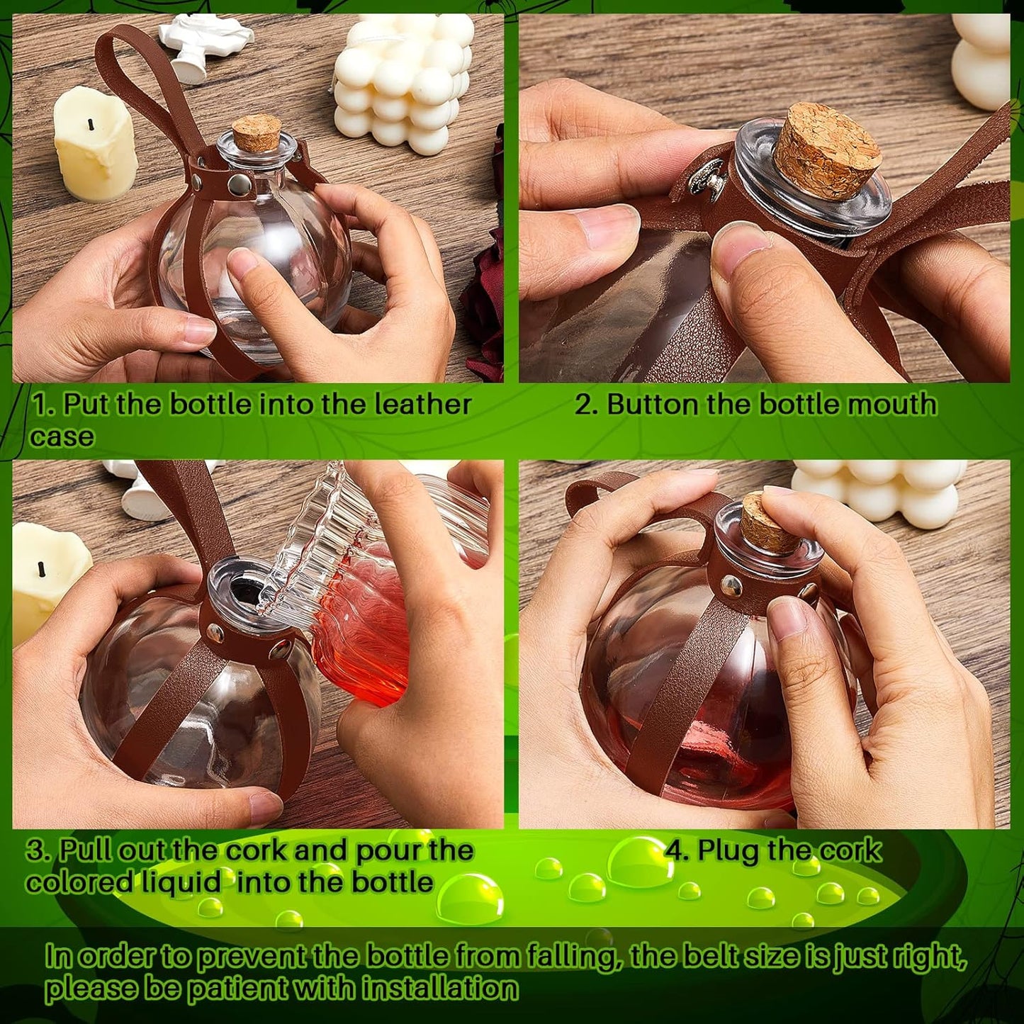 Patelai 2 Pcs Halloween Glass Potion Bottles with Belt Cork Renaissance Witch Costume Accessories Witch Props Potion Bottle for Halloween Party Decor Cosplay DIY Crafts Gift (Brown)