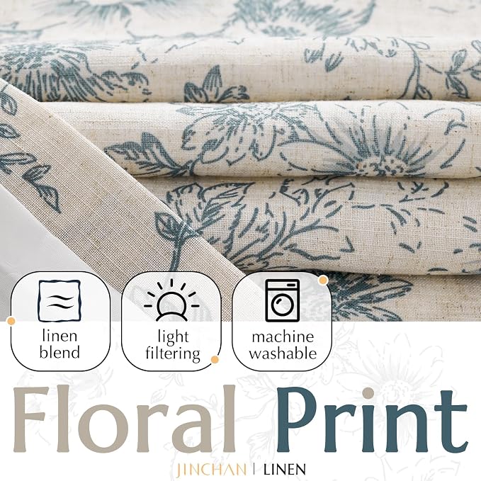 jinchan Lined Linen Blend Curtain Floral Curtains for Living Room 96 Inches Long Blue Peony Flower Printed Curtain Rod Pocket Back Tab Farmhouse Patterned Drapes Bedroom Window Curtains Set 2 Panels