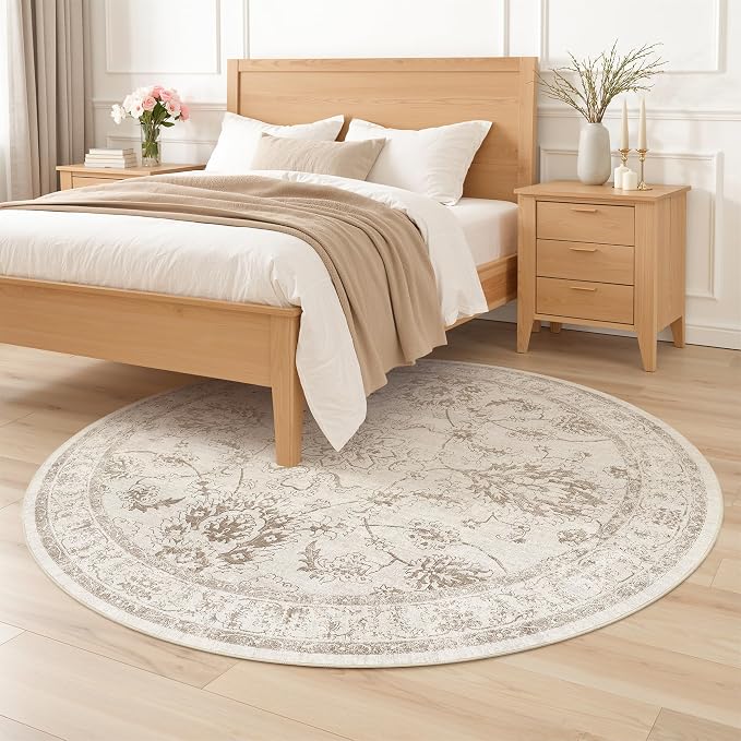 Madane Washable Round Rug 6ft for Living Room, Soft Ultra-Thin Non-Slip Vintage Floral Circle Area Rug, 6x6 Round Throw Carpet for Entryway Nursery Bedroom Kitchen Dining Room (Brown/Ivory, 6'Round)