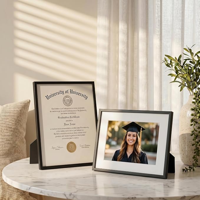 FLYJOE 8.5x11 Certificate Frame, Aluminum Diploma Frame for Document, Black | Sleek Black Document Frame with 6x8 Opening for Diploma, Certificate, Award & Letter Size Photo | Wall Kit Included
