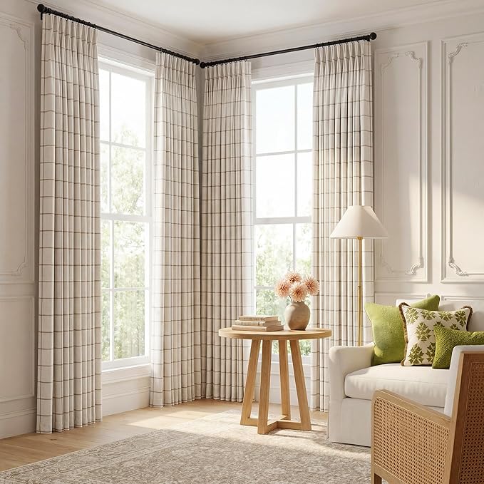 THREE GIRLS Pinch Pleated Plaid Curtains Blackout Linen Gingham BrownCurtains for Living Room,Bedroom Checkered 108 Inches Long Double Layer 2 Panels Set Luxury and Modern Printed Design Darkening