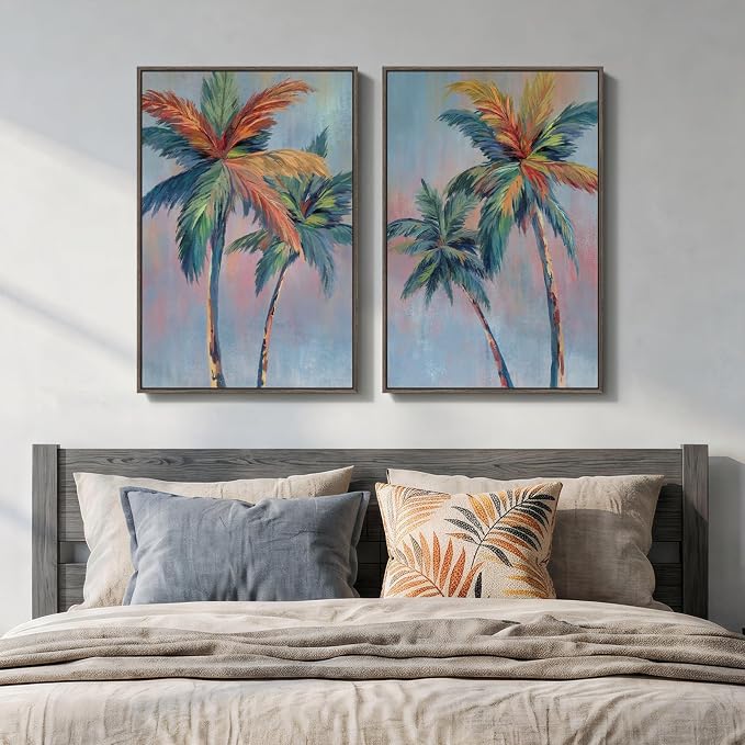 Framed Coastal Colorful Palm Tree Wall Art Bedroom, Set of 2 Tropical Beach Canvas Artwork for Walls, Pop Art Paintings Prints for Dining Room Living Room Hallway Wall Decor Above Bed, 16x24 Inch