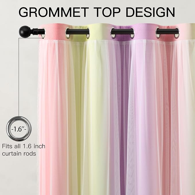 XiDi Blackout Curtains with Sheer Overlay for Girls Bedroom Double Layer Curtains for Kids Nursery Room Darkening Rainbow Princess Unicorn Wall Decals Pink Yellow Purple Grommet Top 2 Panels W34xL63