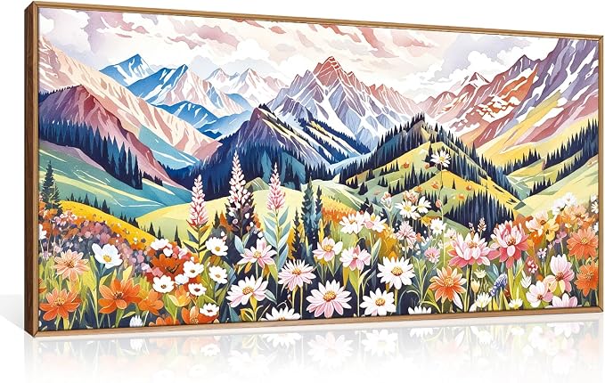 Abstract Colorful Floral Mountain Landscape Framed Canvas Wall Art,Natural Boho Woodland Wildflower Decor,Modern Pink Blossom Botanical Artwork for Living Room, Bedroom, Farmhouse-40 x20 x1