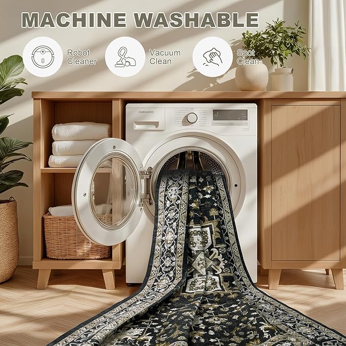 Round Area Rug for Living Room: 4 ft Washable Vintage Boho Soft Thin Circle Rug Indoor Floor No Slip Stain Resistant Carpet for Bedroom Dining Room Farmhouse Nursery Home Office - Black Gold