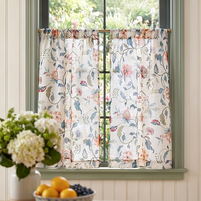 jinchan Hattie Floral Linen Kitchen Curtains 24 Inch Length Vintage Cottage Core Farmhouse Cafe Curtains Light Filtering Small Window Drapes for Living Room Bathroom Rod Pocket 2 Panels Beige