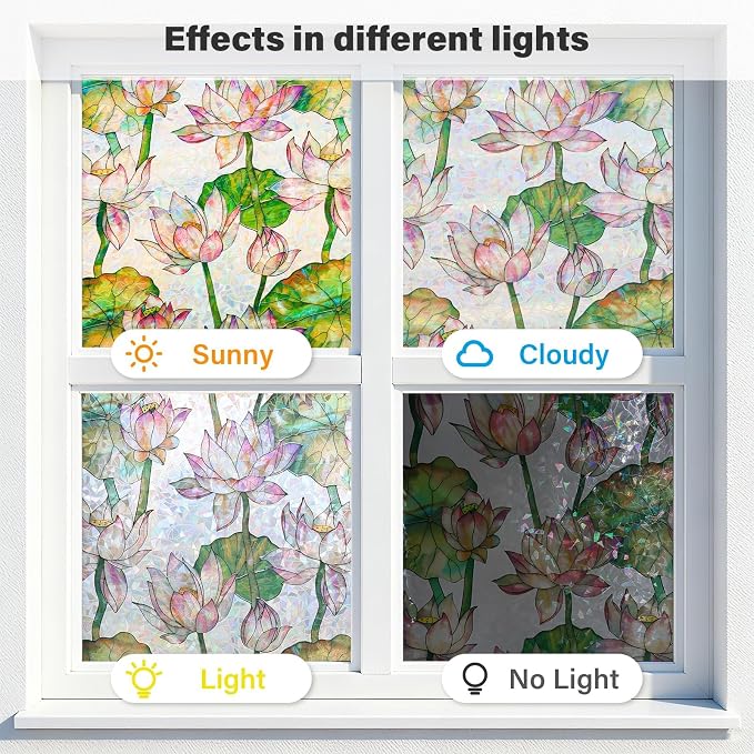 Donox Window Privacy Film Static Cling, Decorative Stained Glass Style Tint, Lotus Pattern with Rainbow Effect for Home and Office, UV Blocking No Glue Removable, 17.5 x 157.4 inches