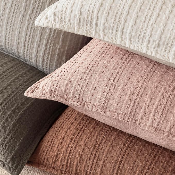Foindtower Set of 2 Decorative Cotton Waffle Weave Throw Pillow Covers Euro Shams Cushion Covers Accent European Pillowcase for Bed Couch Sofa Bedroom Living Room Home Decor 26×26 Inch Coral Pink