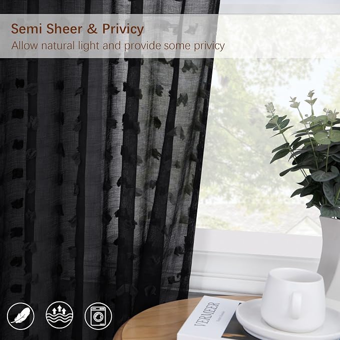 Pom Pom Black Boho Curtains 90 Inch Length for Living Room 2 Panels Back Tab Rod Pocket Transparency Neutral Country Rustic Farmhouse Sheer Semi Modern Curtains 90 Inches Long for Bedroom Playroom