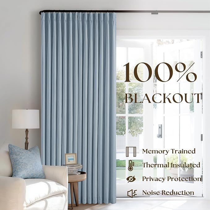 Light Blue Pleated Linen Blackout Curtains 90 Inches Long for Bedroom Living Room Pinch Pleat Black Out Thermal Insulated Ring Hooks Back Tab Room Darkening Drapes Dusty Blue Grey Curtains with Liner