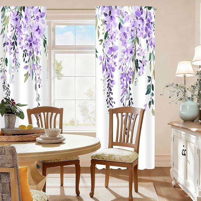 Purple Watercolor Floral Curtains, Botanical Leaves Vine Flowers Curtain, Rustic Farmhouse Flower Leaf Blackout Window Treatment Drapes for Bedroom Living Room 52x90 inch, 2 Panels