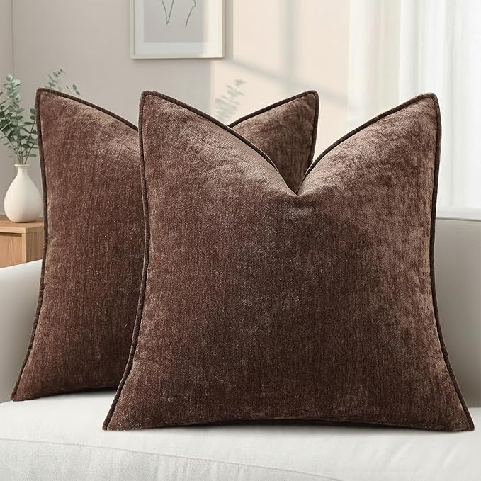 decorUhome Fall Couch Euro Sham Throw Pillow Covers 24x24 Set of 2, Decorative Soft Velvet Modern Cozy Chenille Pillow Cases with Elegant Design for Sofa Bed Living Room Home Decor, Dark Brown