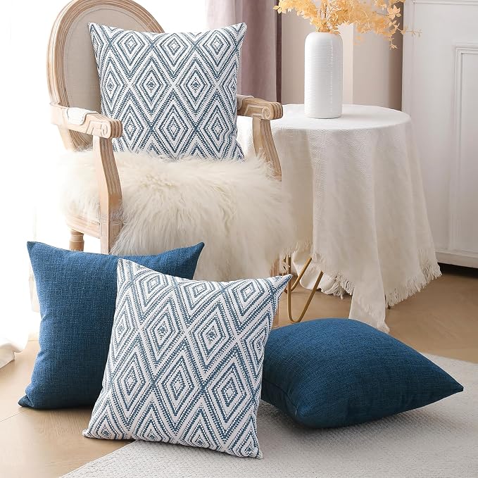 HPUK Throw Pillow Covers 18x18 Inch Set of 4, Linen Decorative Pillow Covers, Accent Cushion Covers for Couch Sofa Bed Bedroom Living Room Décor, Navy Blue