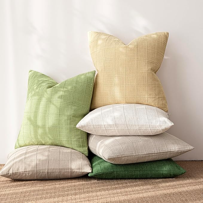 Foindtower Set of 2 Decorative Linen Check Throw Pillow Covers Neutral Farmhouse Vintage Cushion Covers Modern Boho Accent Home Decor for Sofa Chair Couch Bedroom Living Room,22×22 Inch,Light Yellow