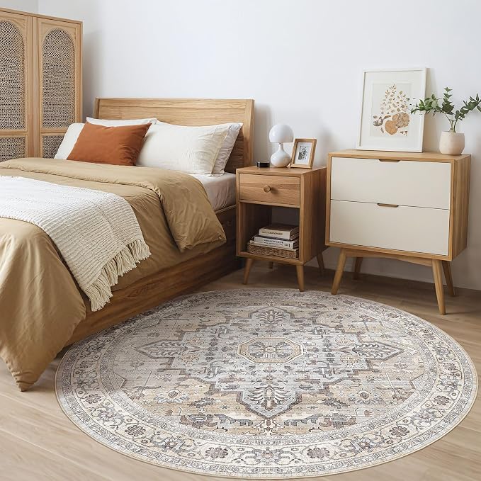 Round Rug Living Room Rugs: 10x10 Washable Boho Neutral Large Circle Soft Indoor Distressed Stain Resistant Floor Farmhouse Carpet for Bedroom Nursery Kids Playroom Office Dining Room Dorm- Cream Gray