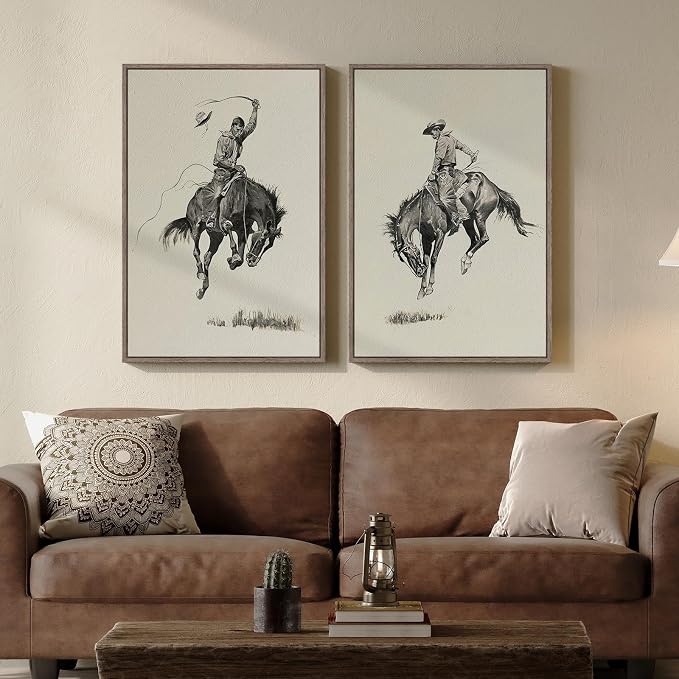 Framed Large Western Cowboy Wall Art for Living Room, 2 Piece Vintage Farmhouse Canvas Prints Paintings, Sketch Style Southwestern Country Picture Artwork for Bedroom Hallways Wall Decor, 16x24 Inch