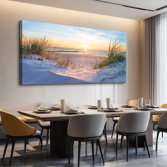 Wall Art For Living Room Large Size Wall Decorations Pictures Blue Sun Beach Grass Ocean Landscape Painting Office Wall Decor Canvas Prints Ready To Hang For Home Decoration Works Of Art 24" X 48"