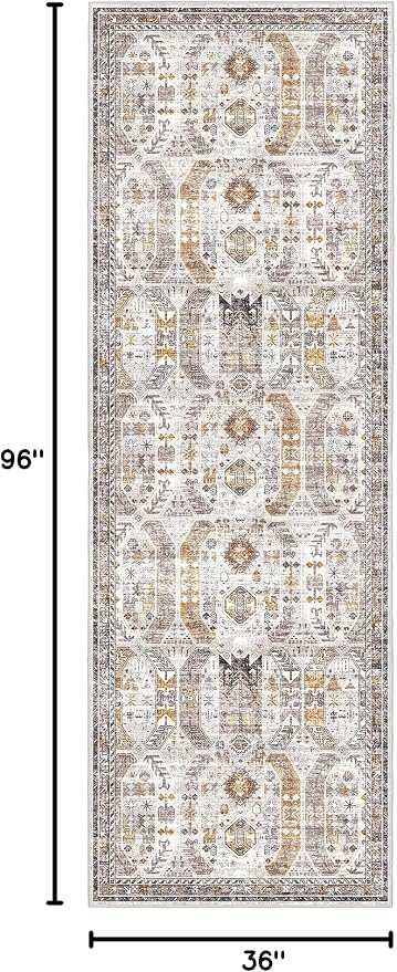 Madane Hallway Runner 3x8, Kitchen Rugs Washable Entry Rug, Brown/Gold | Vintage Non Slip Entryway Indoor Area Rugs, Soft Low-Pile Farmhouse Wide Carpet Runners for Bathroom Living Room Bedroom
