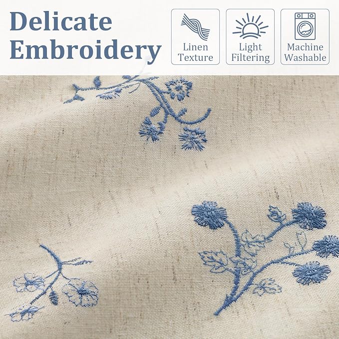 Blue Floral Embroidered Linen Blend Curtains for Bedroom, 84 Inch Light Filtering Spring Farmhouse Vintage Drapes for Living Room Rod Pocket, Set of 2 Panels