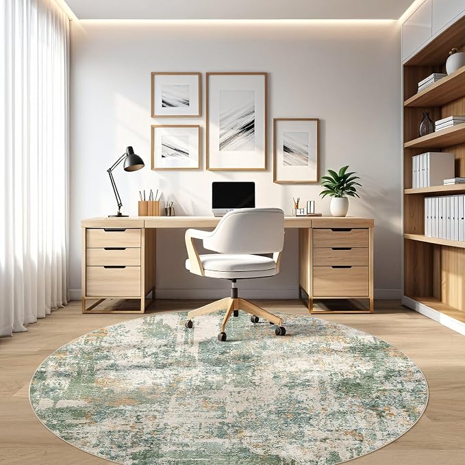 10ft Round Rug Living Room Rugs: 10x10 Washable Circle Large Abstract Modern Soft Stain Resistant Non-Slip Indoor Floor Carpet for Bedroom Nursery Office Dining Room Playroom Home House- Green
