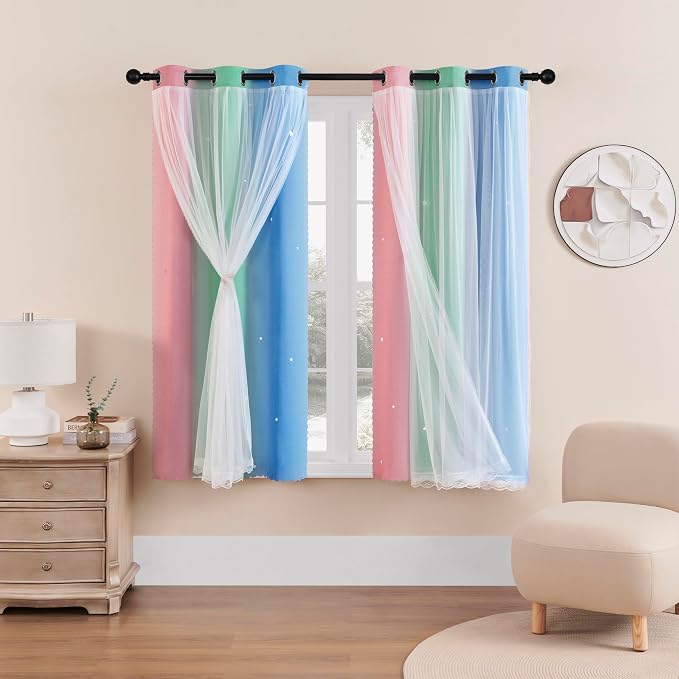 XiDi Curtains for Bedroom Decor, Rainbow Pink GreenBlue34/54/1