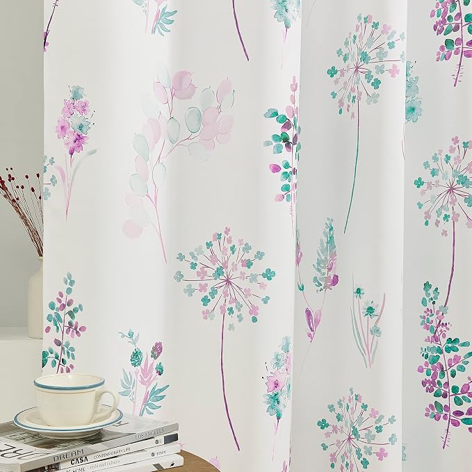 XTMYI Purple Curtains for Living Room 2 Panels Grommet Room Darkening 80% Blackout Pastel Pale Colored Floral Print Woman Feminine Curtains for Office,Purple and Gray,52 by 84 Inches Long