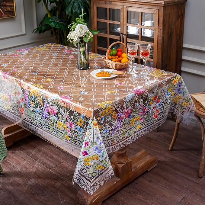ARTABLE Clear Table Cover Protector Vinyl PVC Rectangle Table Cloth with Floral Print Pattern Oil Proof Wipe-able Plastic Tablecloths for Dining Tables Parties Holidays (Flowers, 55 x 120 Inches)