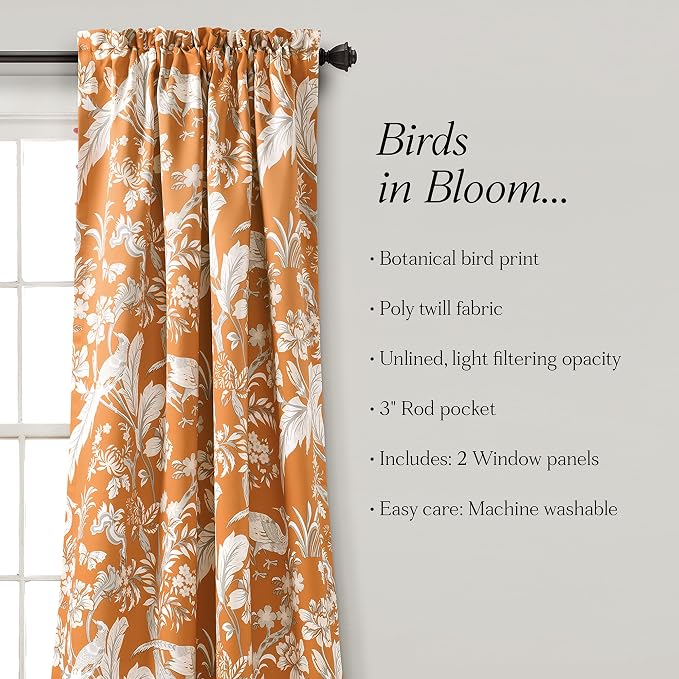 Lush Decor Dolores Light Filtering Window Panels, Pair, 52" W x 84" L, Orange - Floral Curtains for Bedroom - Vintage Curtains - Coquette Room Decor
