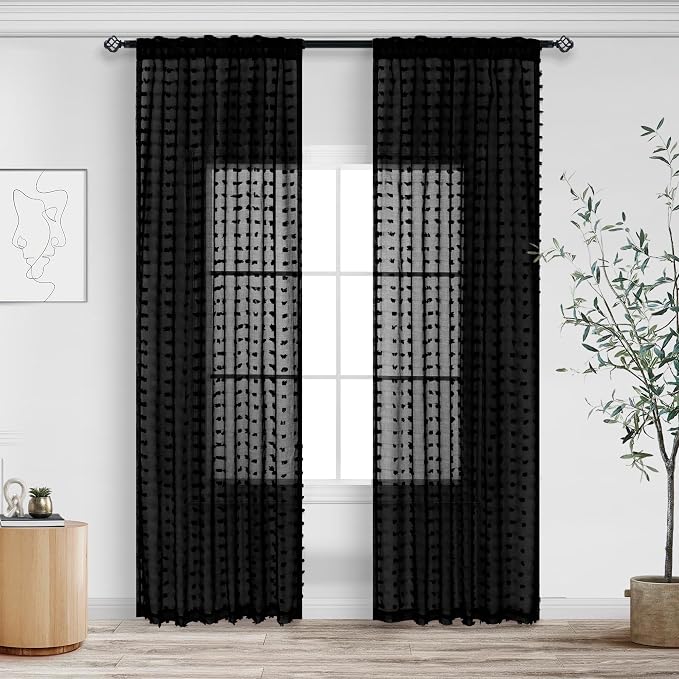 Pom Pom Black Boho Curtains 90 Inch Length for Living Room 2 Panels Back Tab Rod Pocket Transparency Neutral Country Rustic Farmhouse Sheer Semi Modern Curtains 90 Inches Long for Bedroom Playroom