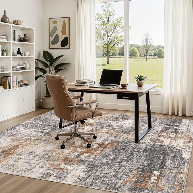 DMOYEST Area Rug Living Room Rugs - 5x8 Washable Large Soft Indoor Neutral Modern Abstract Low Pile Rug Carpet for Bedroom Dining Room Farmhouse Home Office - Grey Brown