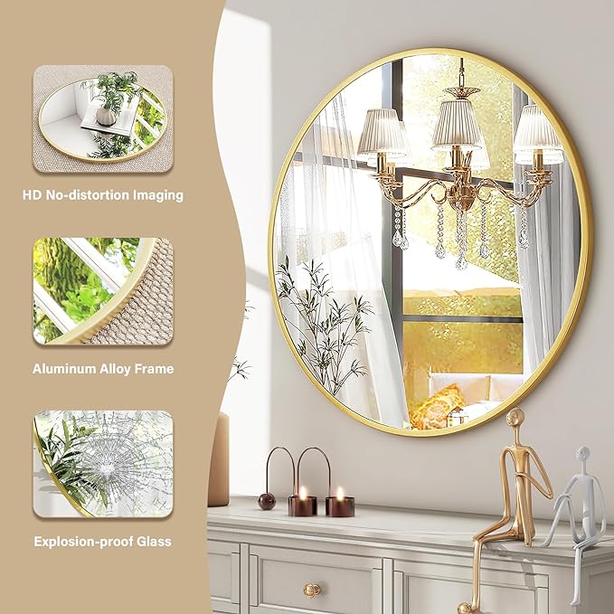 HARRITPURE 24 Inch Round Mirror, Gold Circle Bathroom Mirror, Modern Aluminum Alloy Frame Wall Mounted Vanity Mirror for Living Room, Bedroom, Entryway