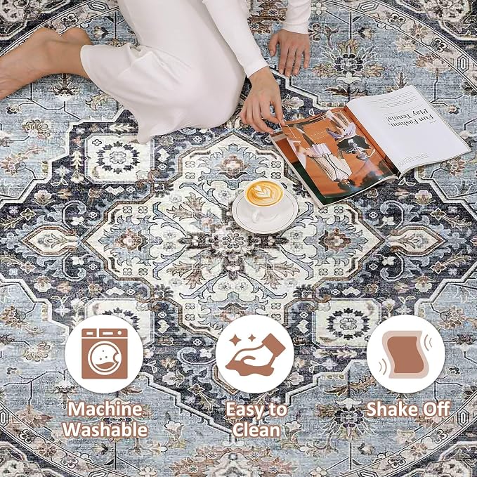 Round Rug Living Room Rugs: 10x10 Washable Boho Neutral Large Circle Soft Indoor Distressed Stain Resistant Floor Farmhouse Carpet for Bedroom Nursery Kids Playroom Office Dining Room Dorm- Blue Tan