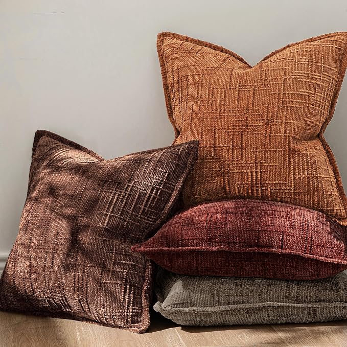 MIULEE Slubby Textured Decorative Throw Pillow Covers 20x20 Inch Set of 2 Boho Farmhouse Soft Cozy Chenille Pillows Cushion Cases Modern Fall Home Decor for Couch Sofa Bed Living Room, Rust