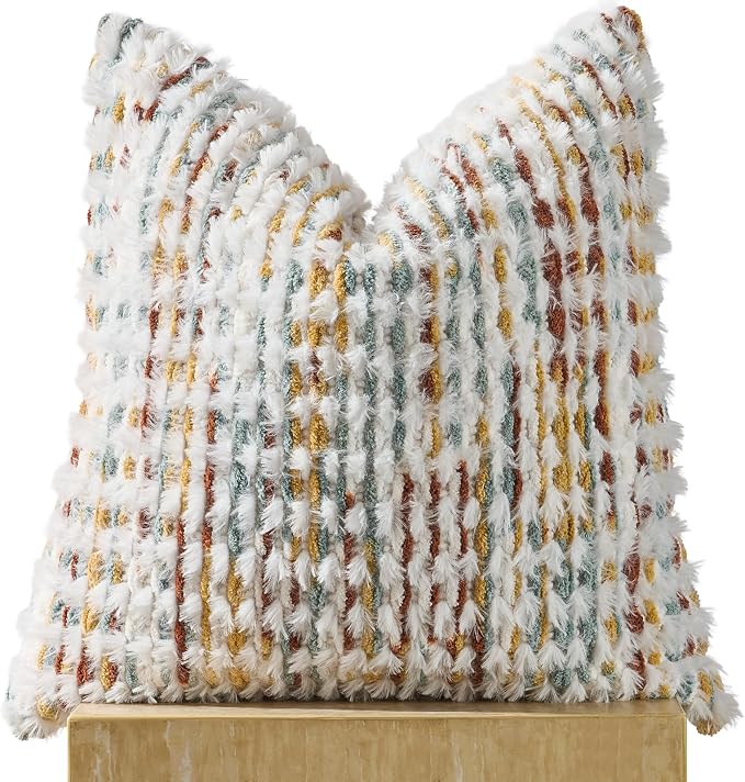 AmHoo Boho Chenille Pillow Cover Decorative Tufted Pillowcase for Couch Bed Sofa Bedroom Living Room Modern 18 x 18-Inch Brown White