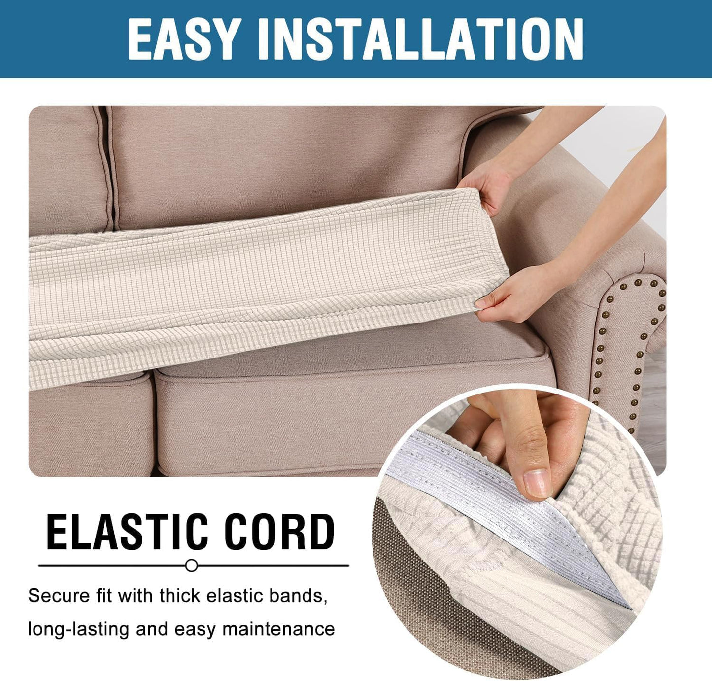 H.VERSAILTEX Super Stretch Individual Seat Cushion Covers - Sofa Couch Cushion Slipcover Sets - Thick Jacquard Textured Twill Fabric - Large (2 Piece, Ivory)