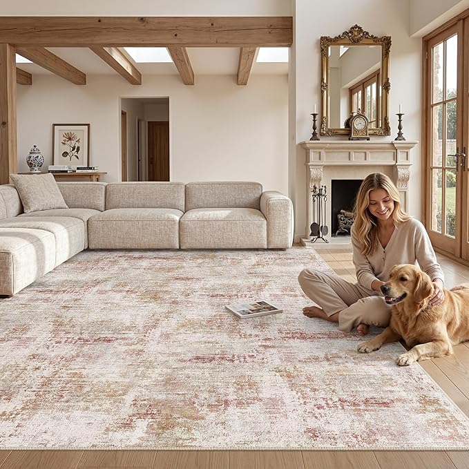 DEXI Washable Area Rug for Living Room 8x10, Modern Abstract Soft Indoor Large Rugs, Stain Resistant Low Pile Carpet with Non Slip Backing for Dining Bedroom Office, Red