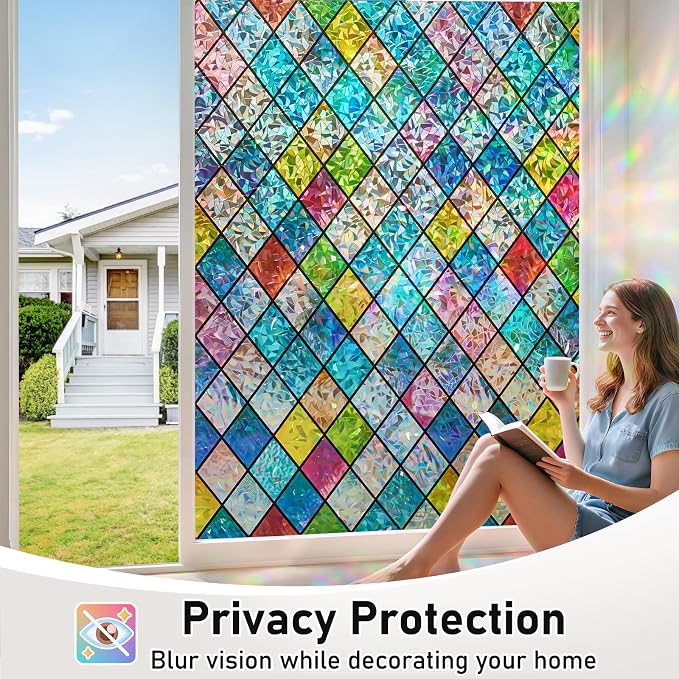 Sunbaby Window Privacy Film Stained Glass Decorative Rainbow Window Cling Decals 3D Static Clings Colorful for Home Decoration, Anti-UV & Heat Control Non-Adhesive (23.6"x78.7")