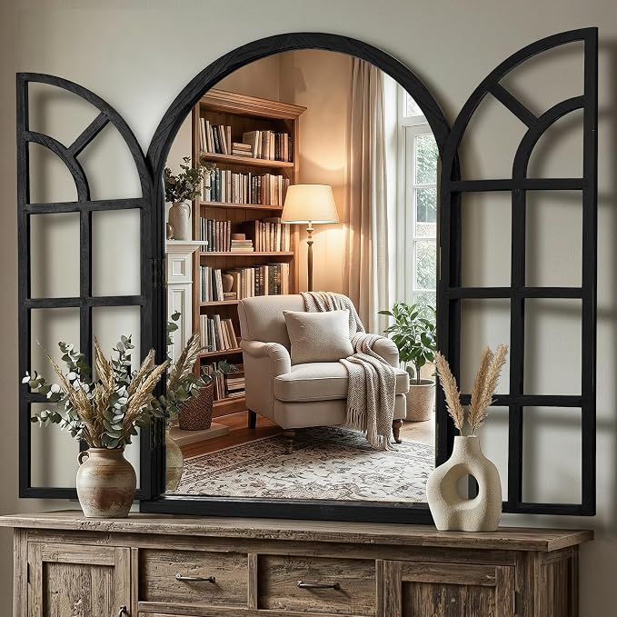 Arched Window Mirrors for Wall, Wooden Rustic Farmhouse Mirror for Wall Decor 28 x 40 Black, Decorative Wall Mirror Arch for Living Room, Bedroom, Bathroom, Fireplace, Farmhouse