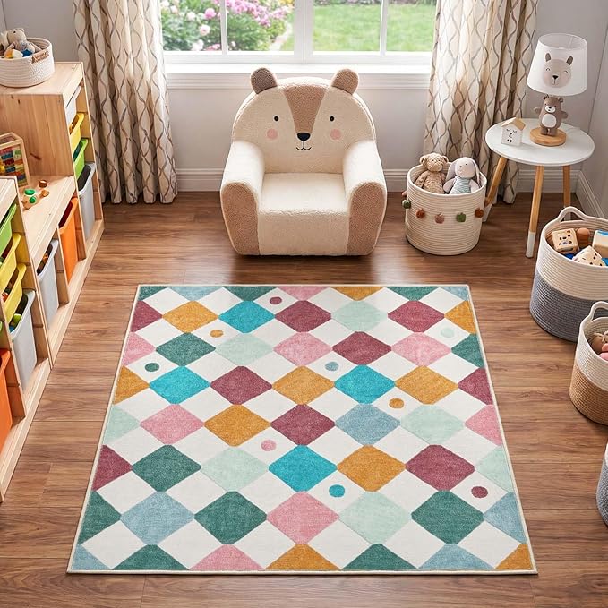 jinchan Macy Area Rug for Kids Room 4'x4' Square Rug Modern Colorful Nursery Rug Checkered Diamond Play Mat Washable Soft Non Slip Carpet for Entryway Bedroom Playroom Dorm Daycare Confetti on Cream