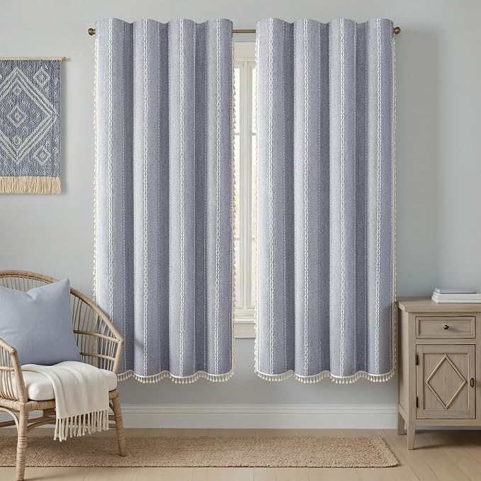 Blue Boho Blackout Curtains 2 Panels 72 Inch for Living Room Bedroom, Linen Texture Farmhouse Curtains with Tassels and White Cotton Embroidery Vintage Rustic Country Western