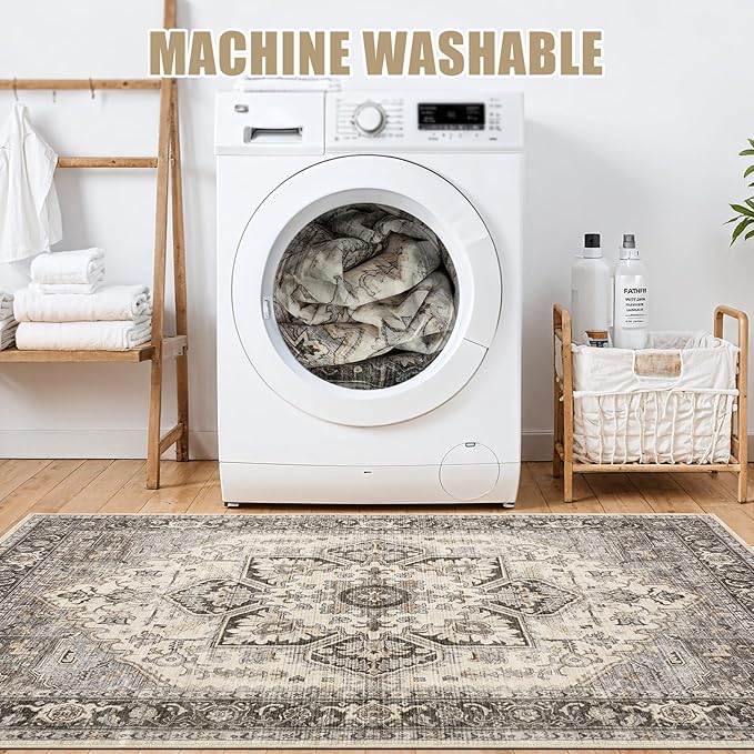 Area Rug 5x7 for Living Room - Washable Oriental Vintage Floral Distressed Large Indoor Carpets with Non Slip Back for Bedroom Dining Room Nursery Office Home Decor - Grey Brown