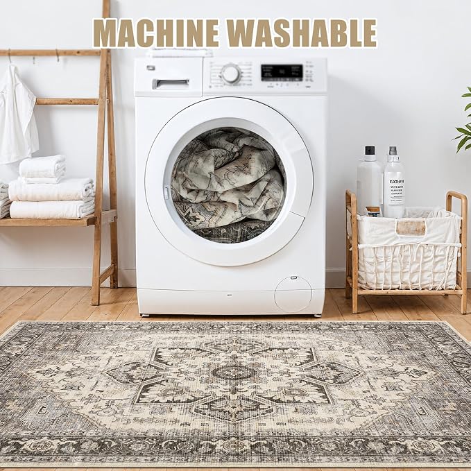 Area Rug for Living Room - 9x12 Soft Machine Washable Oriental Vintage Floral Distressed Large Indoor Floor Carpet for Bedroom Under Dining Table Home Office Decor - Grey Brown