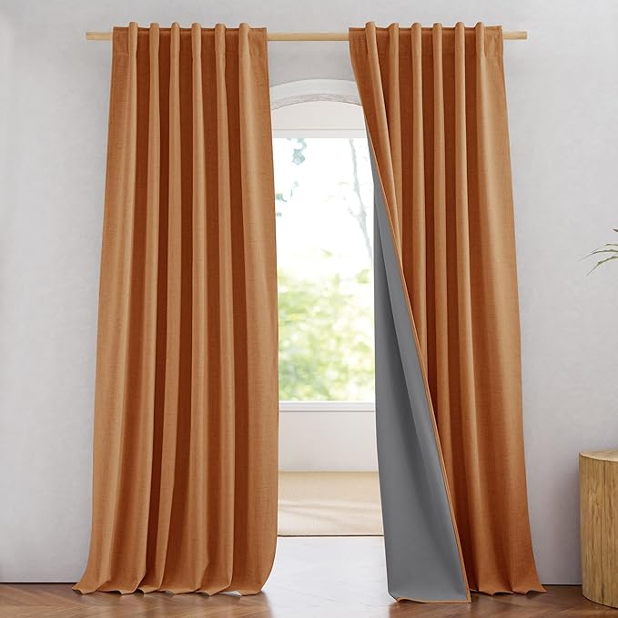 NICETOWN 100% Blackout Burnt Orange Curtains, W52 x L90 in, Thick Linen Blend Rod Pocket & Back Tab, Thermal Insulated Draperies with Grey Liner for Bedroom, Living Room(Set of 2, Pumpkin)