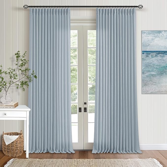 Blue Grey 90 Inch Linen Curtains Pinch Pleated for Living Room Bedroom Dining Boho Coastal Light Filtering Pinch Pleat Drapes Hooks Rings Back Tab Semi Sheer Dusty Blue Window Curtains 2 Panels