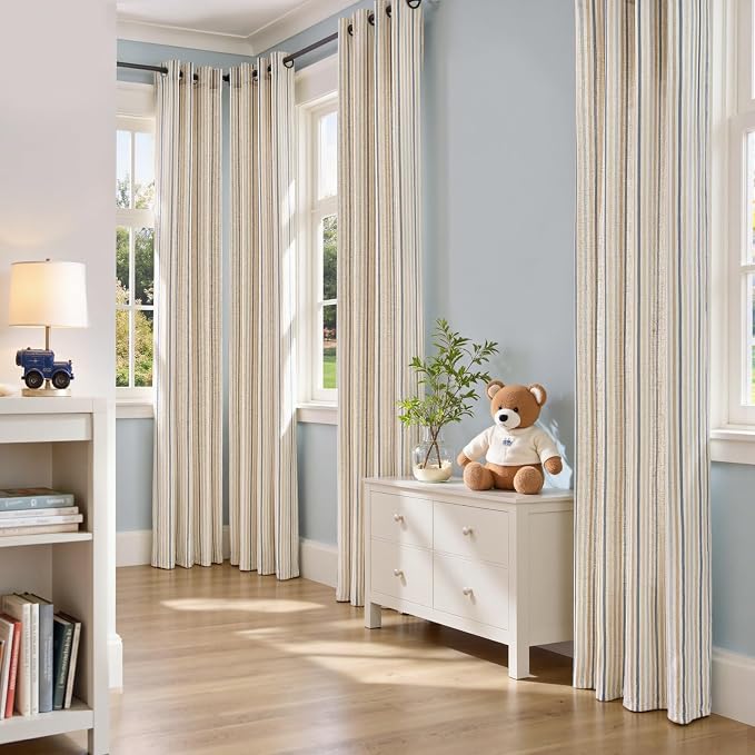 jinchan Linen Curtains 63 inch Blue Stripe for Kids Room Grommet 2 Panels | Kids Curtains for Nursery Living Room Bedroom Baby Boys Room,Cute Colorful Ticking Stripe,Cottagecore Rustic,Light Filtering