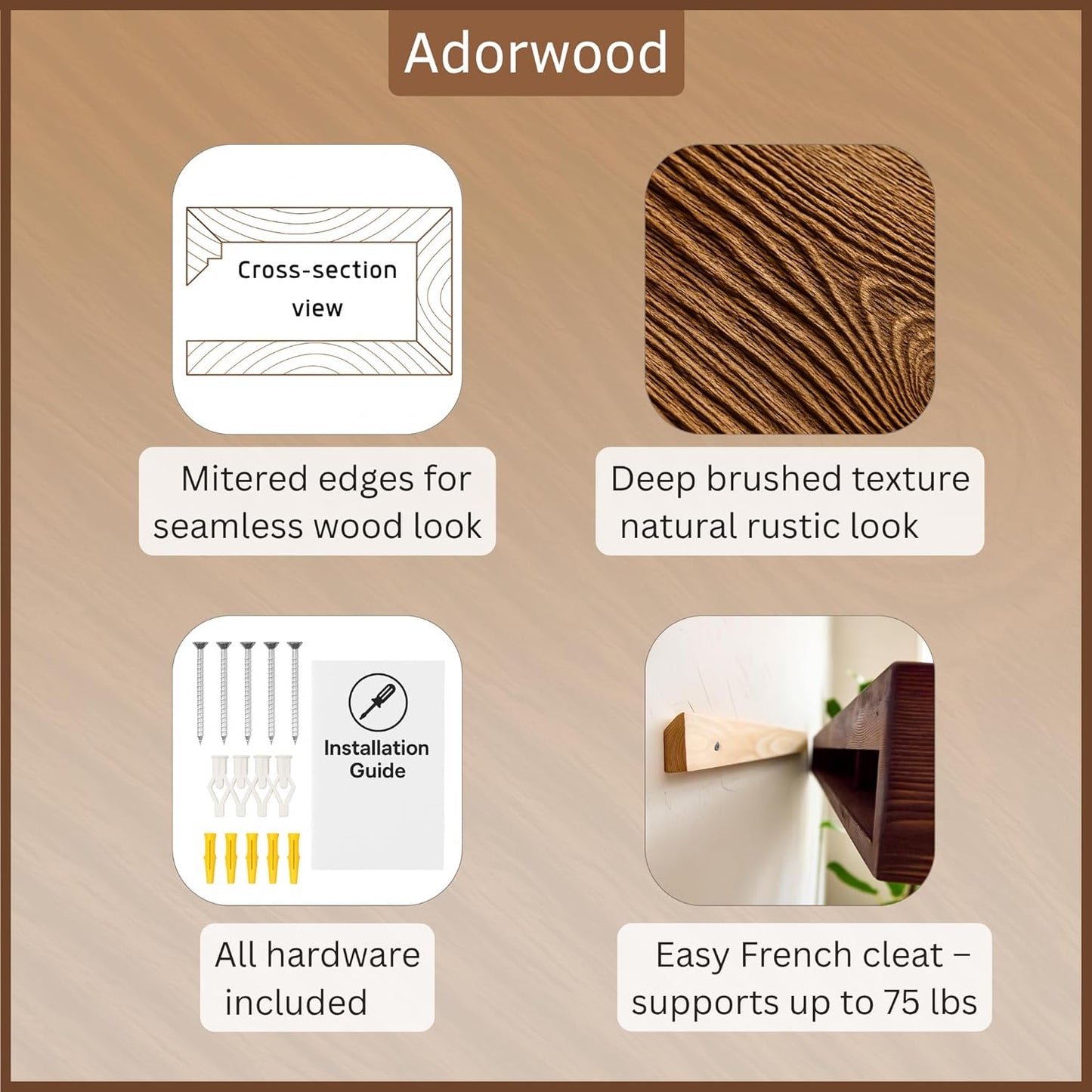 Handmade Fireplace Mantel Shelf 60", Extra Wide Rustic Wood Mantles for Over Fireplace, Wall Mounted Floating Mantel Shelves for Living Room Decor (Dark Rustic, 60Lx6Hx8D inches)