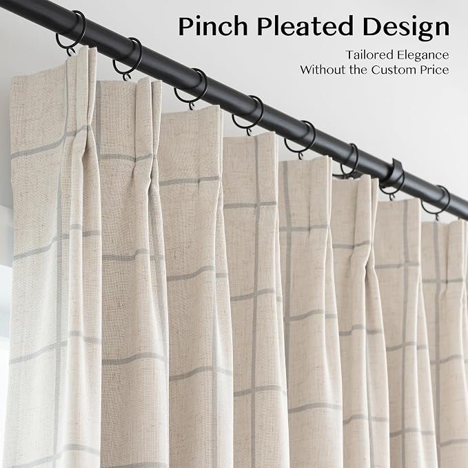 THREE GIRLS Pinch Pleated Plaid Curtains Blackout Linen Gingham Grey Curtains for Living Room,Bedroom Checkered 90 Inches Long Double Layer 2 Panels Set Luxury and Modern Printed Design Darkening