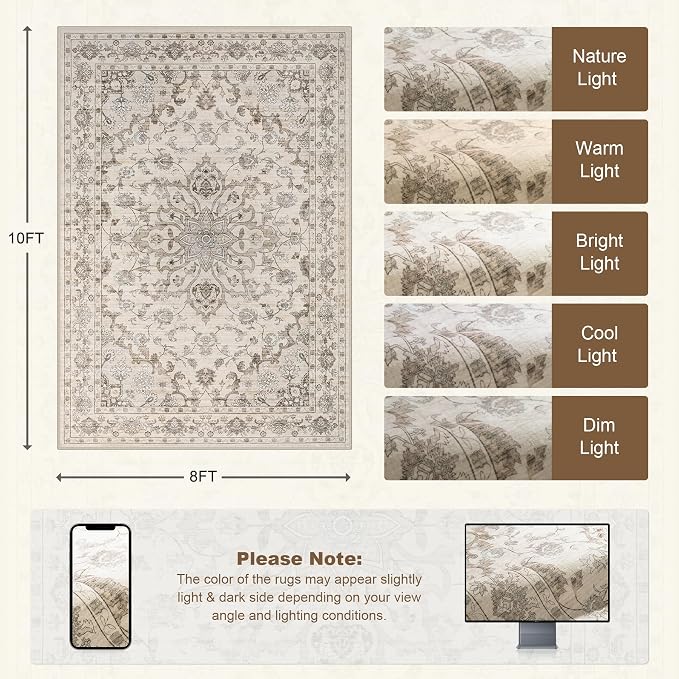 8x10 Area Rugs for Living Room: Washable Rug Soft Vintage Distressed Floral Carpet Indoor Floor Non-Slip Stain Resistant Large Carpets for Bedroom Dining Room Farmhouse Nursery Home Office Brown Beige
