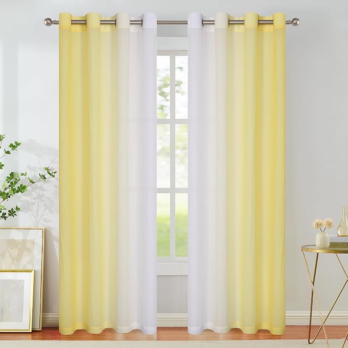 Purainbow Chiffon Sheer Ombre Curtains for Living Room, Grommet Special Crinkle Gradient Yellow Semi Sheer Window Treatments Privacy with Light for Bedroom Kids Room, All Season, 52"x63"x2